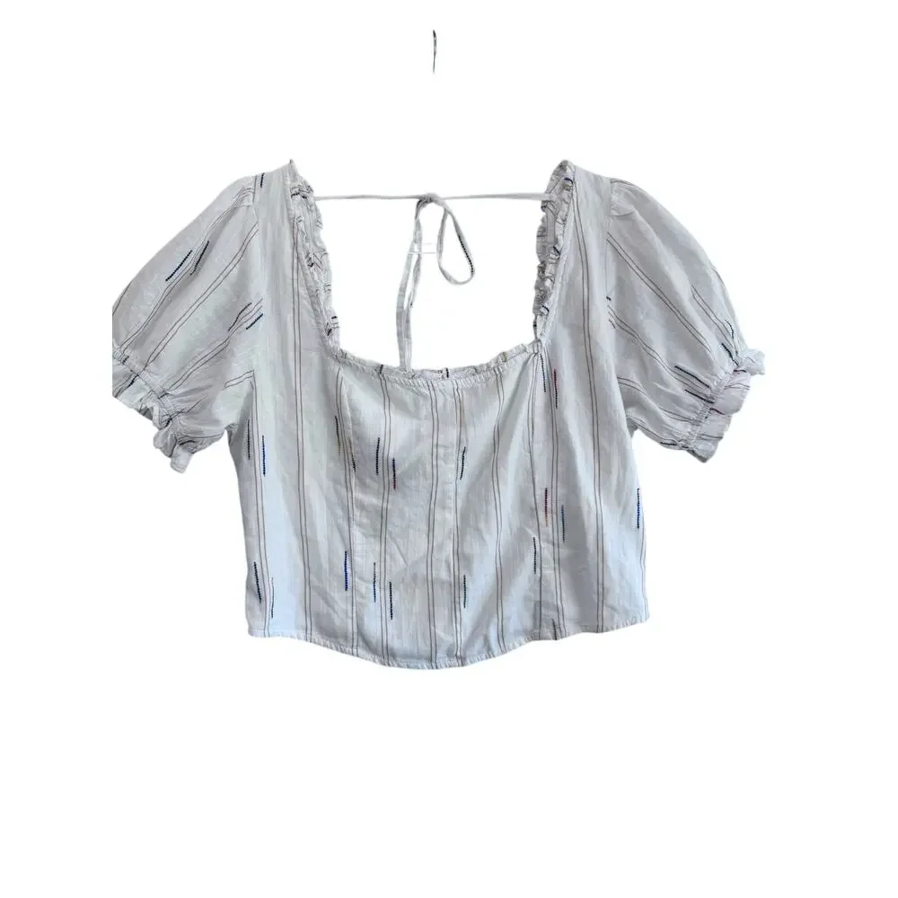 Free People White Puff Sleeve Square Neck Smocked Back Blouse XL Cottagecore Tie